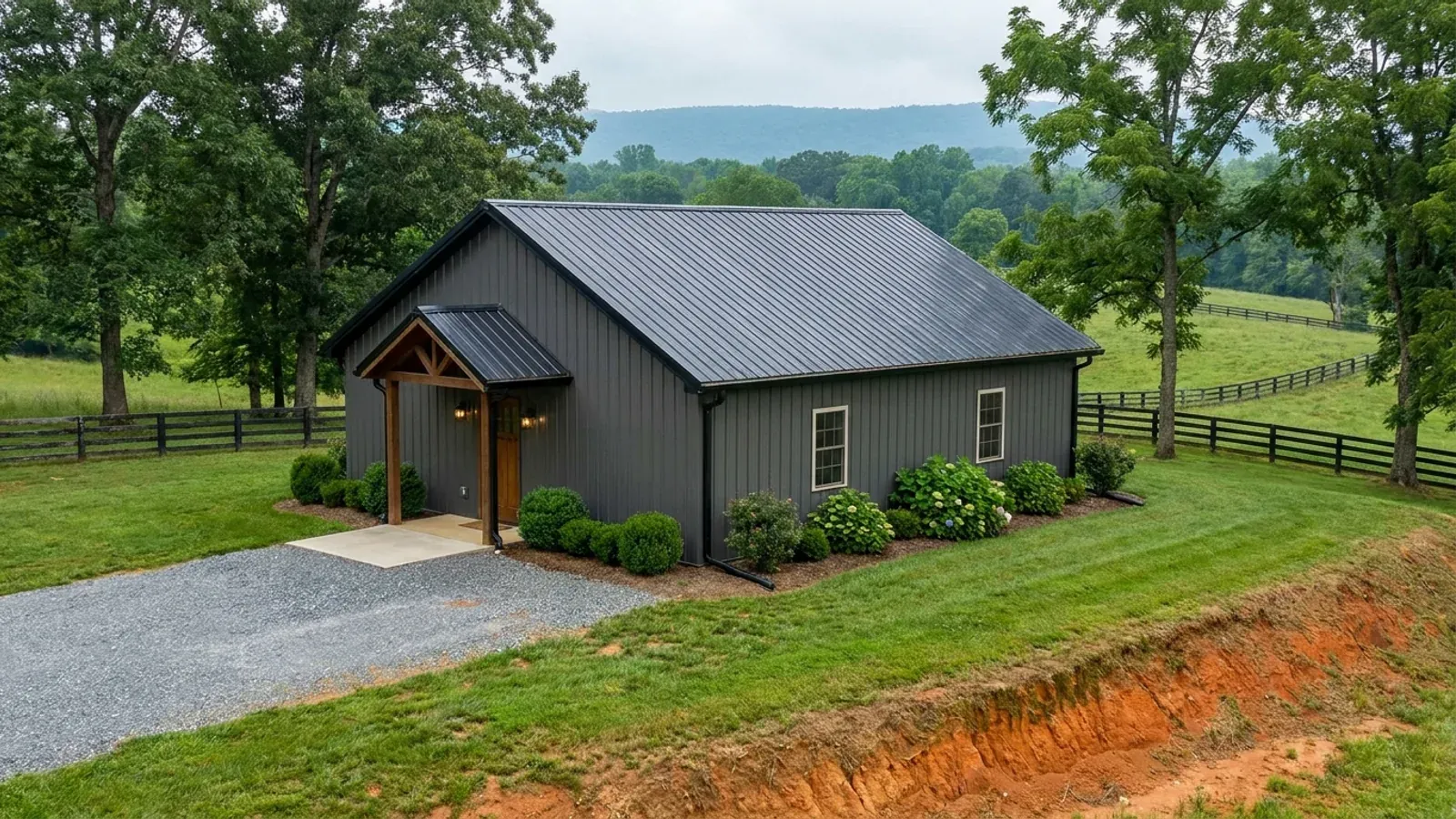 A compact 30x40 barndominium sized like a starter home or cabin, with a covered entry porch and no large shop bay.