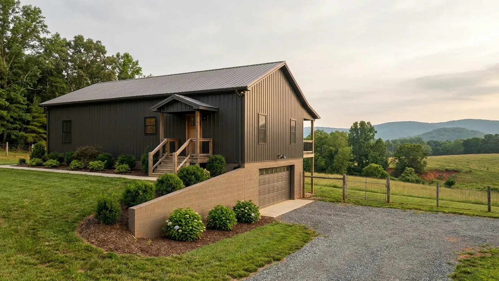 A barndominium raised on a stem-wall foundation with steps up to the entry and enclosed storage space beneath the elevated floor.