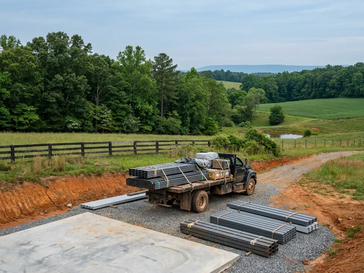 A flatbed truck delivering banded steel frame members and stacked metal roof panels to a building site beside a finished concrete slab.