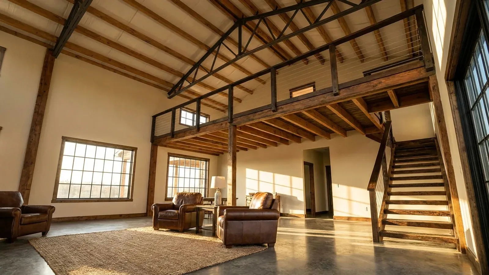 A barndominium great room with an open loft level and railing built over part of the room, reached by an open staircase.
