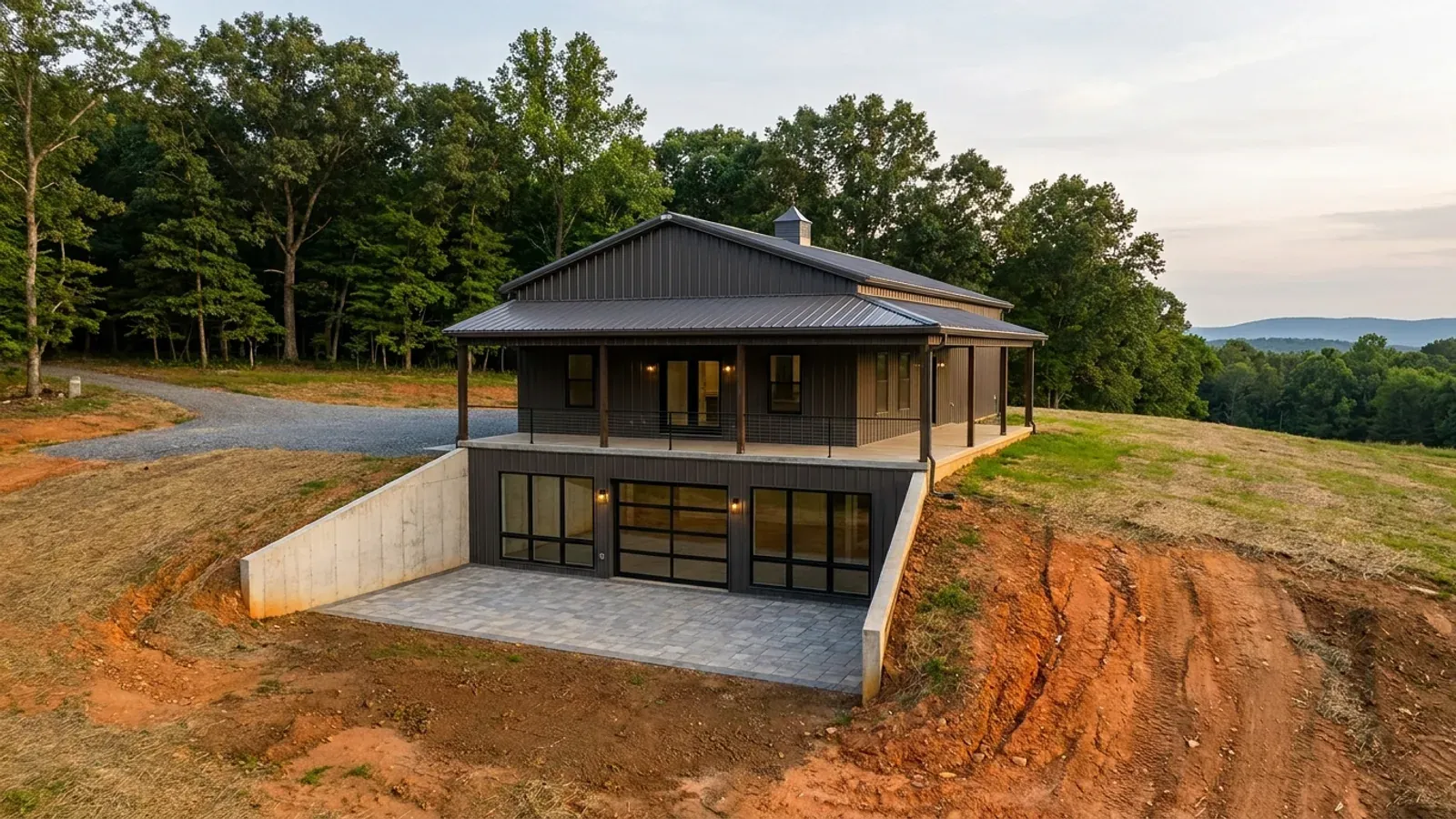 A barndominium with a walkout basement built into a sloping lot, the lower level opening onto a patio at grade.