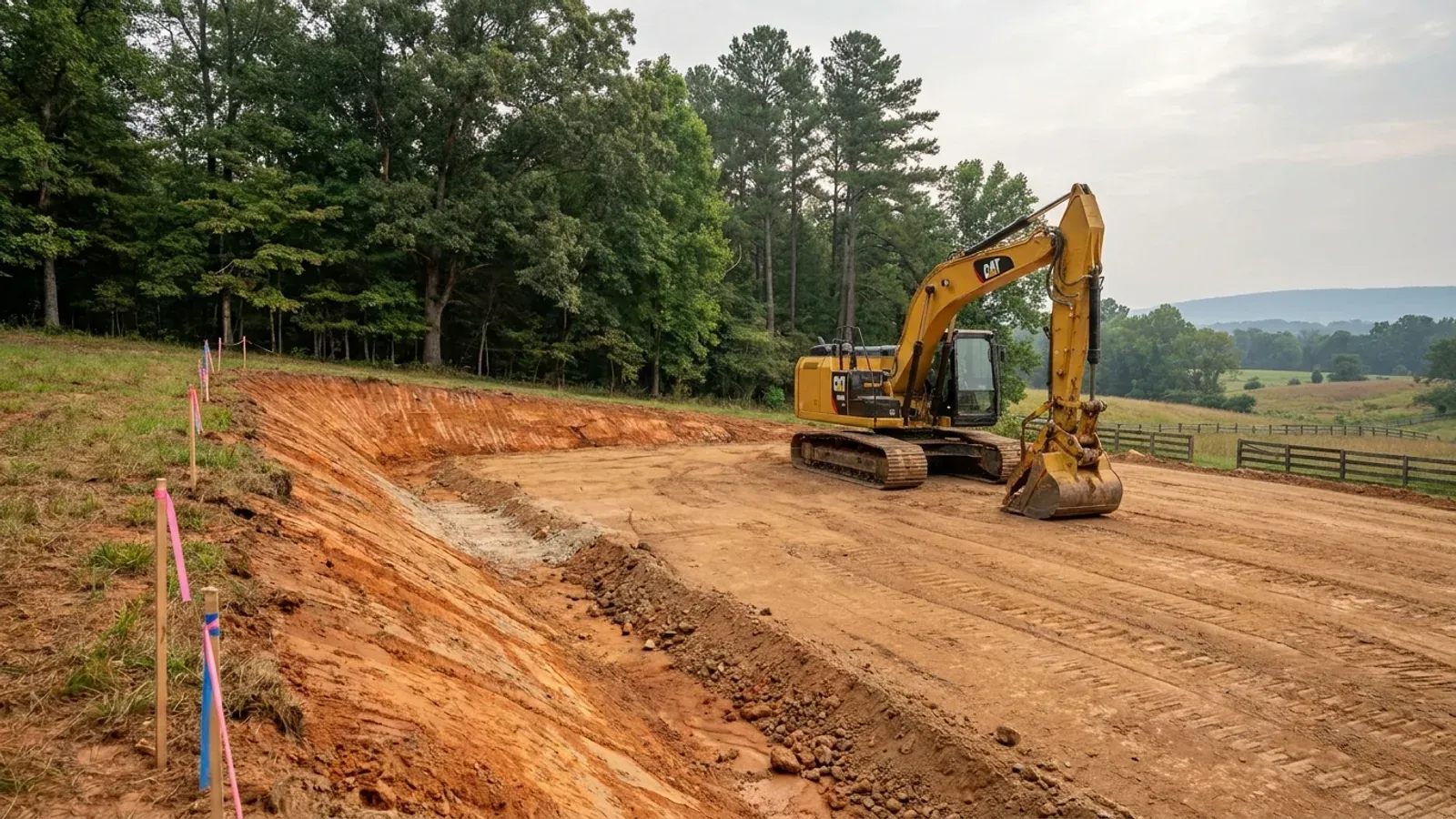 An excavator grading a compacted building pad on a cleared lot, with survey stakes and a drainage swale visible.