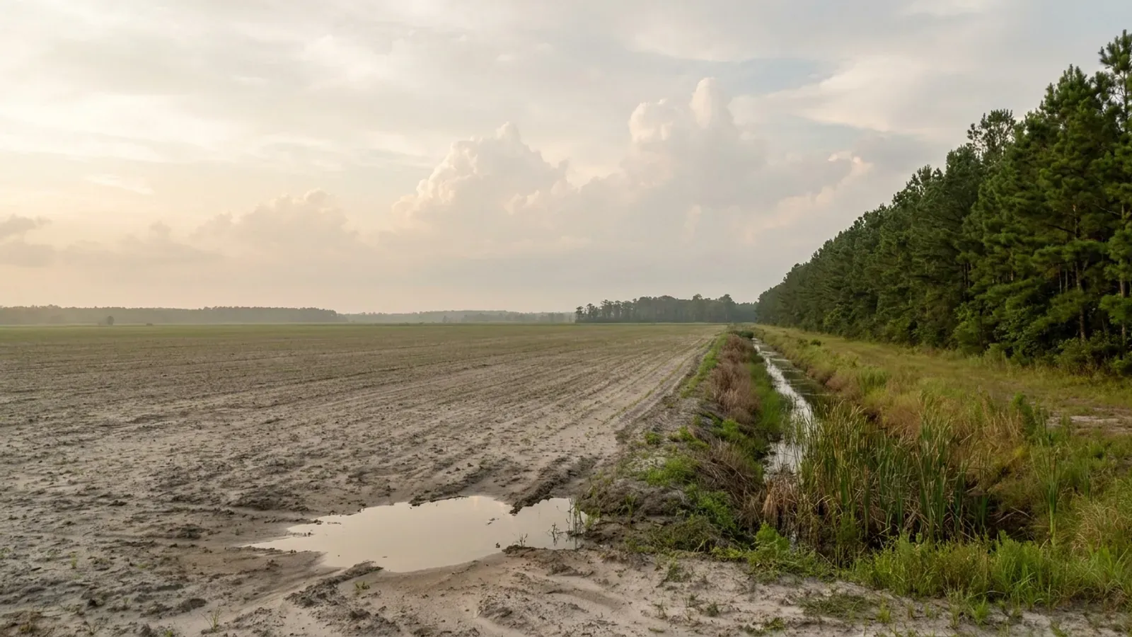 Flat Coastal Plain farmland inland of Hampton Roads with sandy soil, a drainage ditch and a loblolly pine edge.
