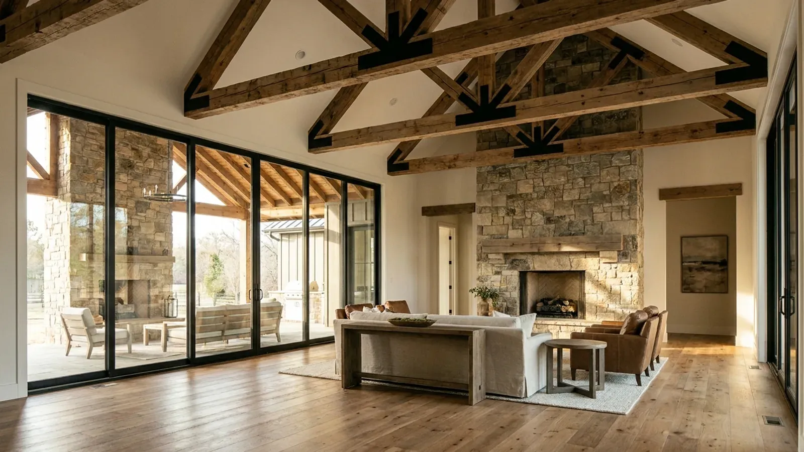 A vaulted barndominium great room with exposed wood trusses, a wall of glazed sliding doors, and a stone-clad fireplace.