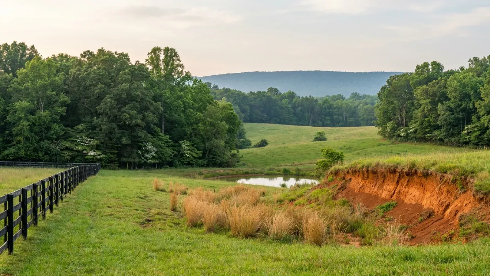 Rolling Virginia Piedmont farmland with black board fencing, oak and hickory woodland, and exposed red clay soil at a field edge.