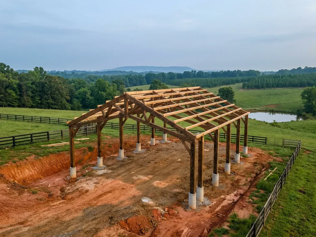 A post-frame home under construction, showing laminated timber columns on concrete piers and wide-span roof trusses with no interior bearing walls.