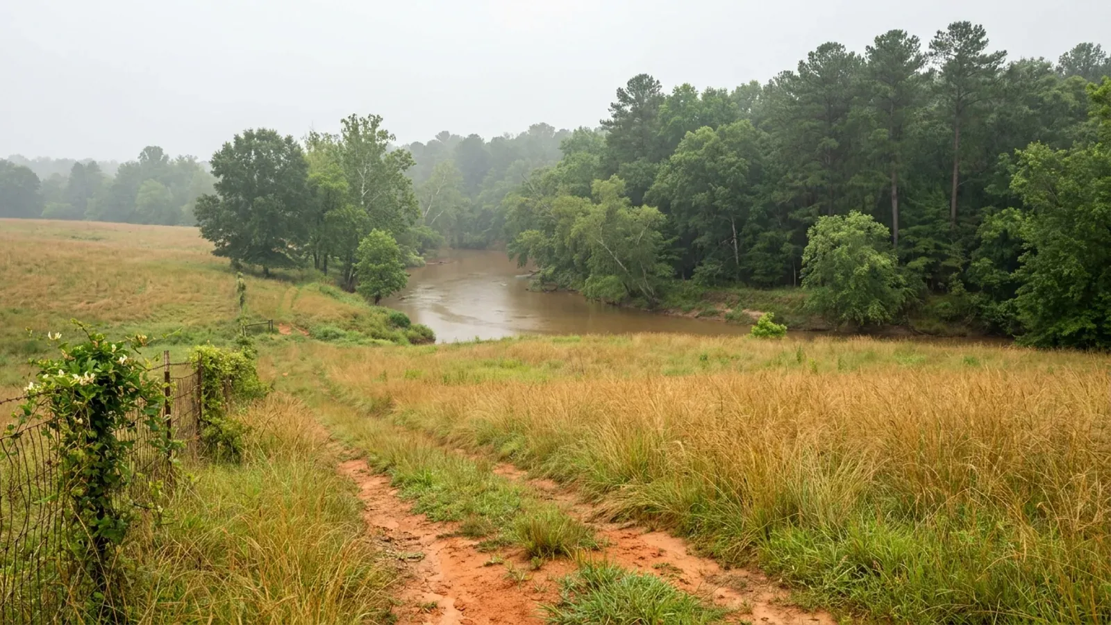 Rolling farmland and mixed hardwood west of Richmond with red clay soil and a wooded creek bottom.