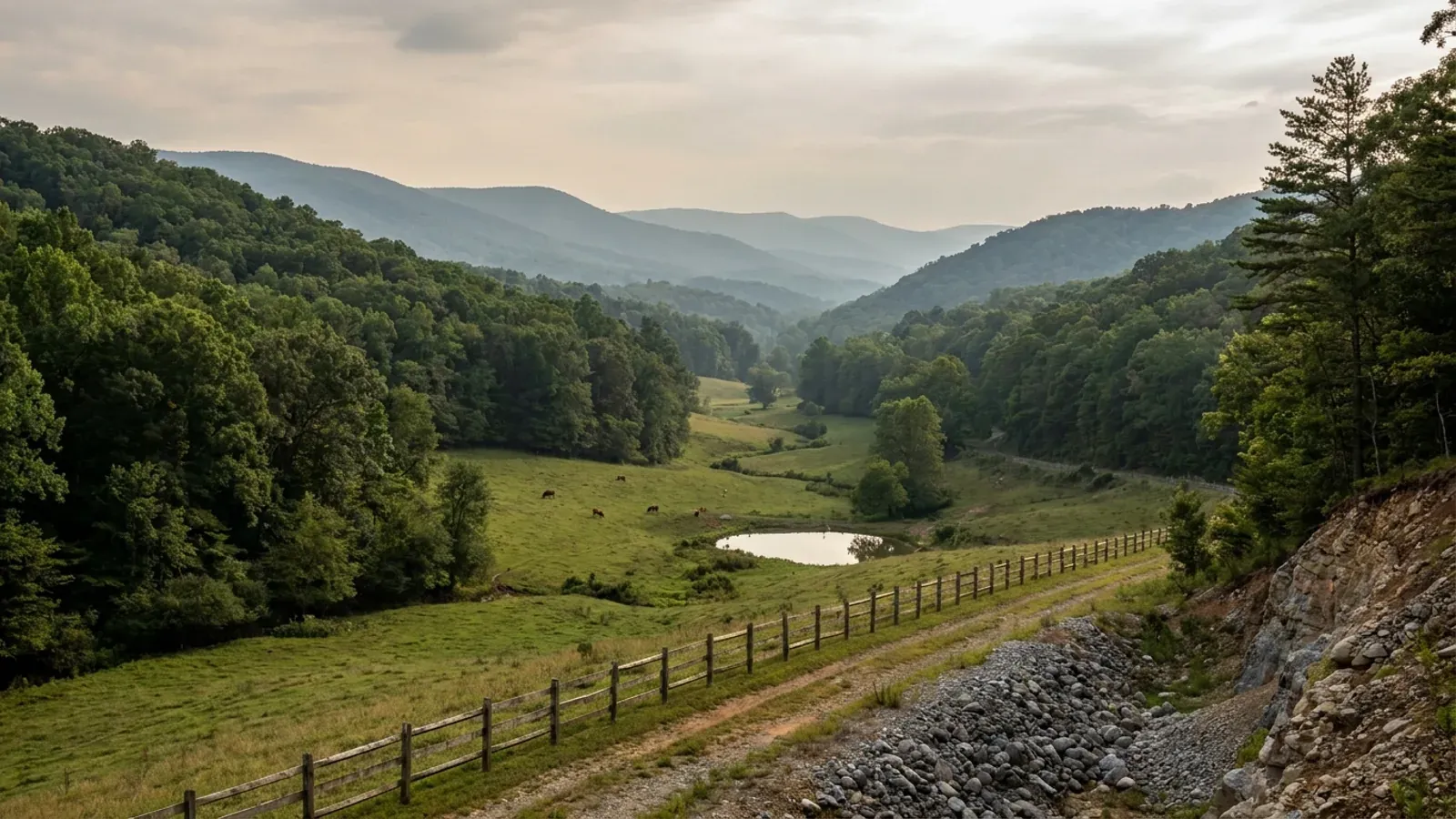 A narrow Roanoke Valley floor in pasture with steep wooded Blue Ridge foothills rising on both sides.