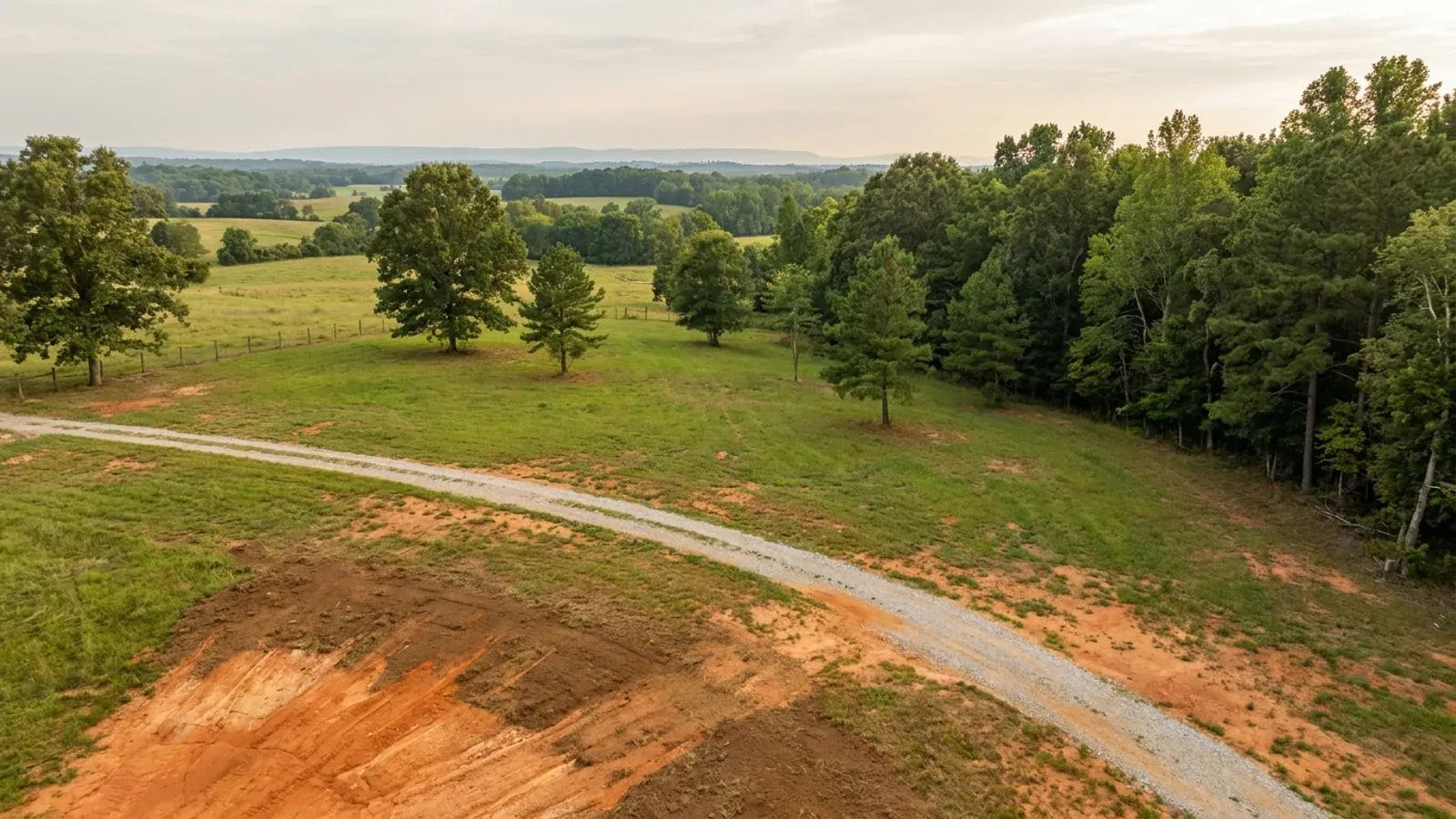 Aerial view of an undeveloped rural lot with cleared grass, a oak and hickory treeline with a few loblolly pines, and a pale gravel access track.