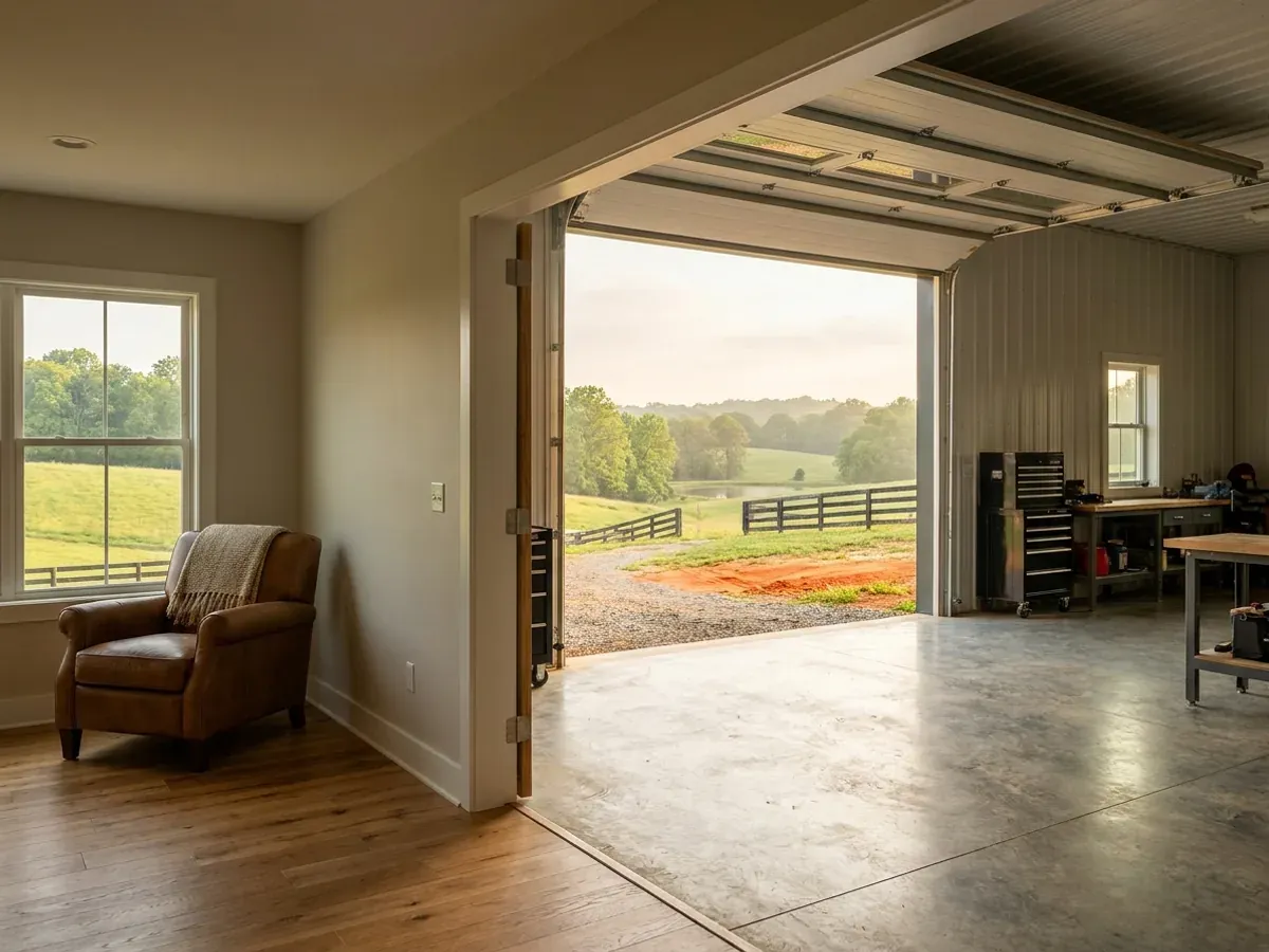 The interior of a shouse where a finished living area with warm flooring meets a shop bay with polished concrete and a tall roll-up door.