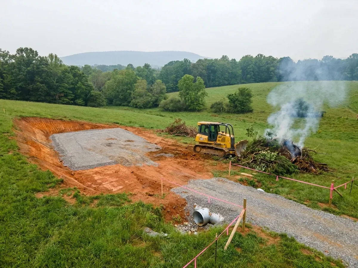 A dozer clearing brush on a rural parcel beside a compacted crushed-stone building pad, with red clay exposed in the cut and a culvert set at the driveway entrance.