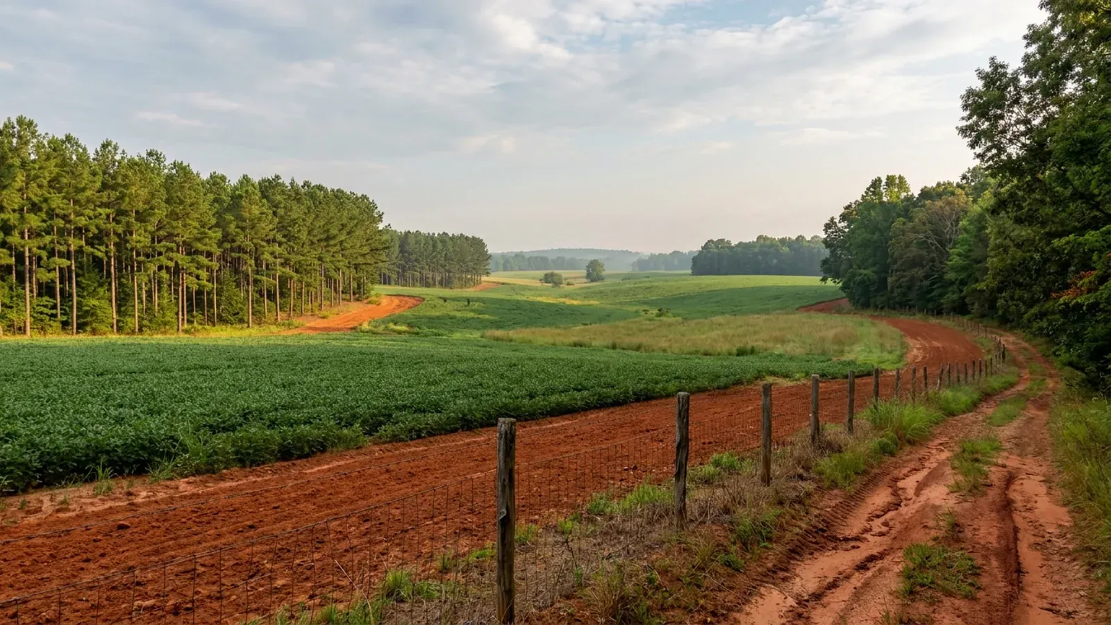 Rolling Southside Virginia farmland with red-orange clay, a loblolly pine plantation and mixed oak woodland.